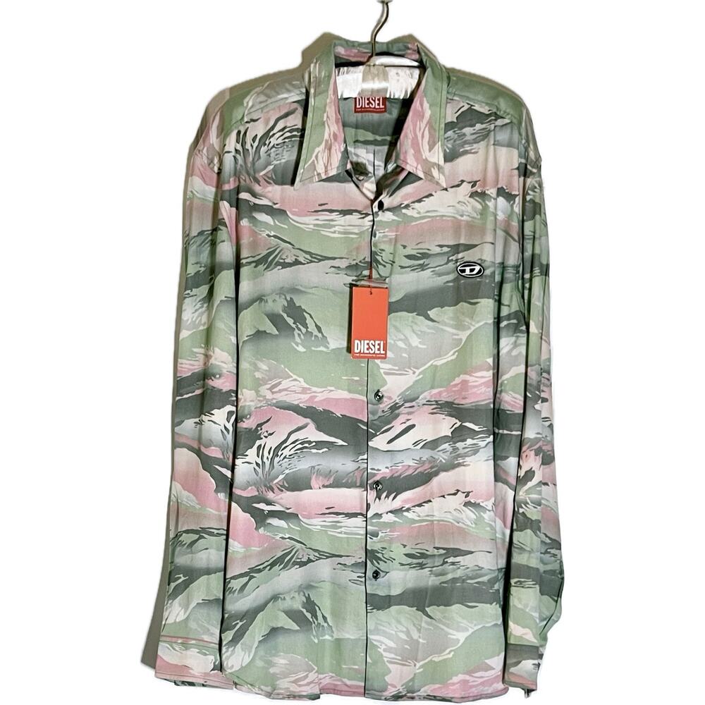 Diesel 2XL NWT ButtonUp Collar/Long Sleeve/Pastel Green+Pink+Gray Abstract Print